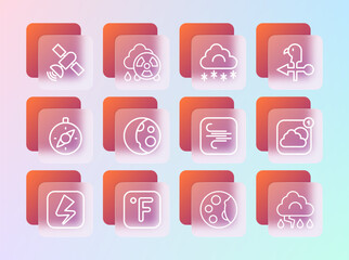 Sticker - Set line Rooster weather vane, Fahrenheit, Wind, Moon phases, Cloud with snow, Satellite and Acid rain radioactive cloud icon. Vector