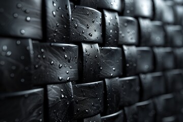 Poster - Macro image of a black embossed surface patterned with cubes and adorned with water droplets