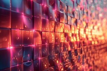 Poster - Dazzling reflective surface of red-orange tiles with glowing edges giving a warm, vibrant ambiance
