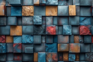 Poster - Image of abstract pattern made from wooden blocks with vibrant color accents