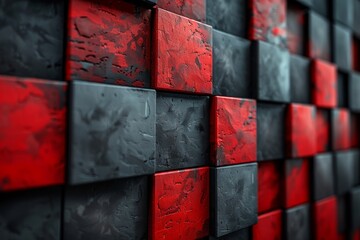 Poster - A vivid 3D wall design with alternating red and black textured squares in a close-up