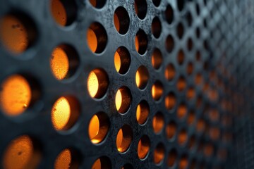 Poster - Warm golden light illuminates a circular patterned metal grid, creating a play of shadow and light
