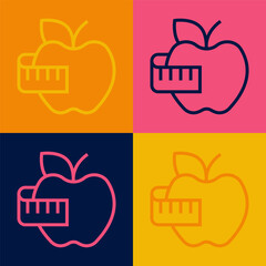 Poster - Pop art line Apple and measuring tape icon isolated on color background. Excess weight. Healthy diet menu. Fitness diet apple. Vector