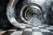 Futuristic tunnel design merges marble textures and gold elements to create a sense of luxury and infinity