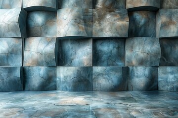 Poster - Stunning modern design of a calming blue-tiled room with unique shadows casting an illusion of depth and dimension