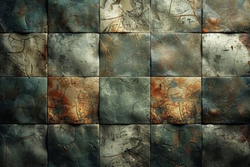Poster - A photograph of a tiled wall manifesting the ravages of time with a patina of blue hues and rust accents suggesting decay and history