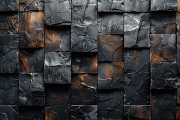 Poster - Image depicts an uneven, charred texture on a wall of 3D cubes, combining shades of black and rustic orange