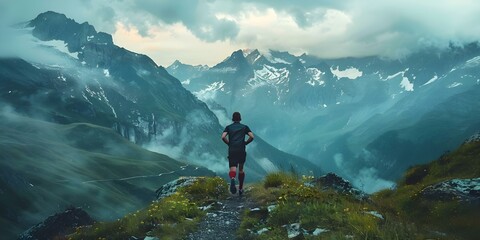 Sticker - Active male runner in mountain landscape fitness banner mockup for outdoor exercise or training. Concept Outdoor Fitness, Mountain Landscape, Runner, Exercise Banner, Mockup