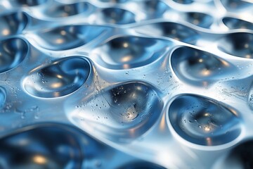 Poster - Blue metal surface with water droplets capturing light, shadows and reflections for a refreshing look
