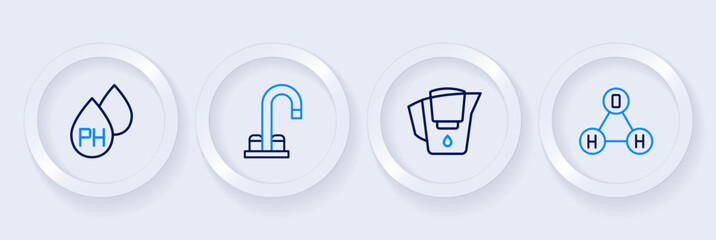 Poster - Set line Chemical formula water H2O, Water jug with filter, tap and drop icon. Vector