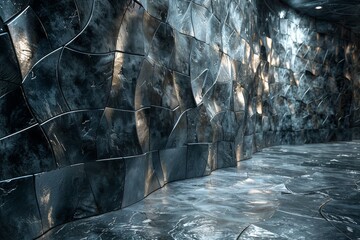 Poster - This image displays a unique metallic wall with irregular geometric texture, reflecting ambient light