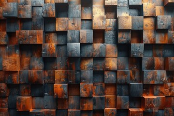 Poster - A rich textured 3D wooden cube wall pattern providing a rustic yet modern backdrop suitable for various applications