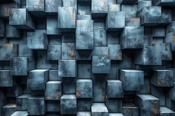 Poster - Unique 3D render of cubic shapes forming an abstract, almost maze-like blue wall