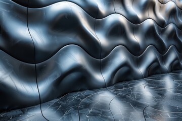 Poster - A modern 3d rendered image of wavy metallic wall panels with smooth curves and reflections on marble floor, implying fluidity in contemporary design