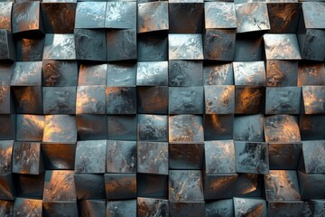 Poster - The image showcases a textured wall of rustic metallic cubes reflecting the warm glow of light
