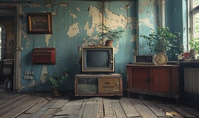 An old vintage room with old equipment such as a TV and an old fashion camera, Generative AI