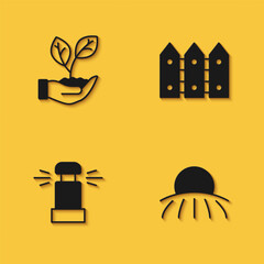 Sticker - Set Leaf in hand, Sunrise, Automatic irrigation sprinklers and Garden fence wooden icon with long shadow. Vector