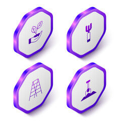 Poster - Set Isometric Leaf in hand, Garden pitchfork, Wooden staircase and Shovel icon. Purple hexagon button. Vector