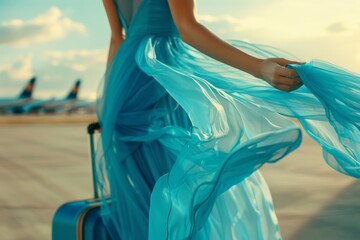 Woman carrying her blue suitcase along the airport runway, her blue dress is fluttering