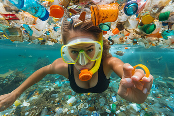 Wall Mural - Beautiful young woman swimming dives underwater in ocean or sea full of plastic trash and garbage. Plastic environmental pollution concept. 