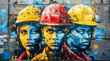 Vibrant Street Art Mural Depicting Three Individuals With Hard Hats, Symbolizing Strength, Diversity, And Labor On A Textured Urban Wall.