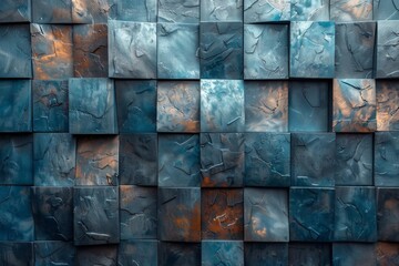 Poster - This image captures an array of blue and gray tiles arranged in a textured wall pattern with varying hues and artistic flair