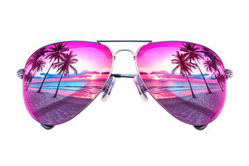 Wall Mural - Aviator style sunglasses with the lenses reflecting the beach at sunset isolated on a cutout PNG transparent background