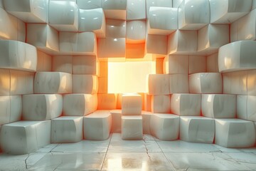 Poster - A 3D rendering of a futuristic design resembling a padded room with glowing light at the far end