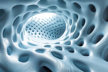 Poster - An abstract 3D rendering of organic shapes creating a surreal tunnel-like structure with a light at the end