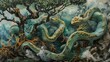 Slithering gracefully across a reimagined lush landscape Medusa leads a migration of mythical creatures