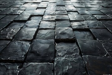 Poster - This image features glistening wet black stone tiles that reflect light, giving a sense of cleanliness and luxury