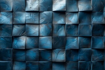 Poster - the image displays an array of textured blue tiles with visible cracks and paint wear, creating a ru
