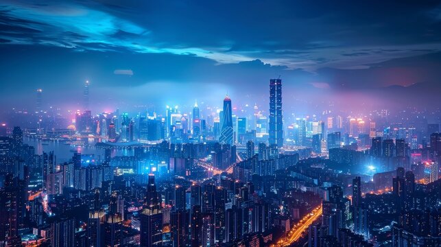 A city skyline at night with a blue sky. The city is lit up with lights and the sky is cloudy