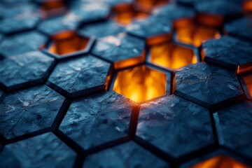 Poster - Gleaming orange light illuminates the edges of a hexagonal pattern resembling a honeycomb structure