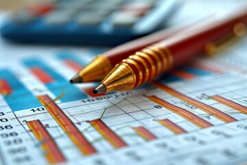Poster - A detailed image showing two golden pens lying on a background of colorful financial charts and data