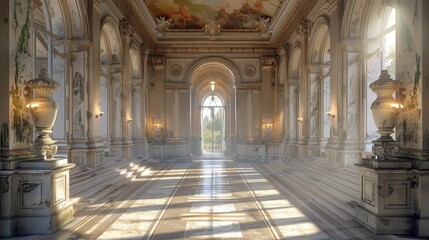 A large, empty room with a lot of light and a lot of statues