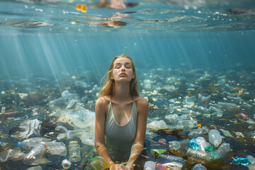 Wall Mural - Beautiful young woman swimming dives underwater in ocean or sea full of plastic trash and garbage. Plastic environmental pollution concept. 