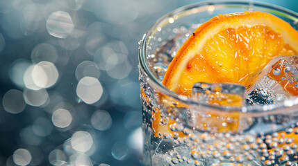 Wall Mural - an orange slice falls into the water from above and creates water splashes ,A juicy orange slice with water droplets on a white background
