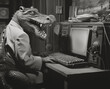 Mr. Сrocodile hacker codes on a vintage computer and laughs. Retro photography from the 50s. Hacking the ancient internet. Generative AI fantasy character