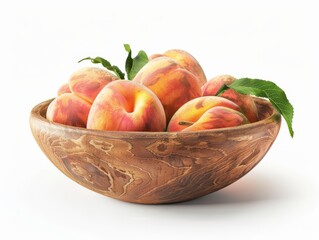 A wooden bowl filled with ripe peaches on a white background