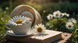 beautiful daisies in white cup book braided hat in sum .Generative AI