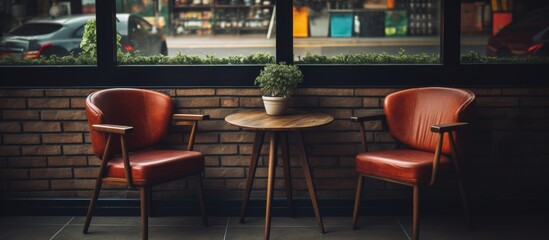 Sticker - A table and two chairs made of hardwood furniture are placed in a room with a large window, overlooking a houseplant