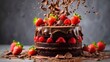 Chocolate cake with strawberry splashes and chunks of chocolate cake with strawberries floating in the air. chocolate, cake, strawberry, splashes, chunks, chocolate, cake, strawberries, floating, air,