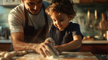 Poster - A toddler assists in baking, guided by a parent in a warm kitchen setting.