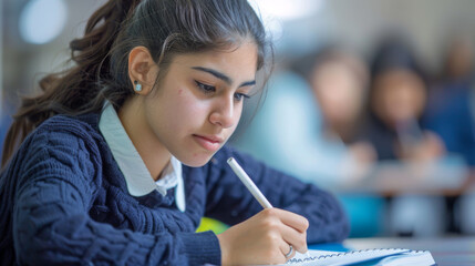 Wall Mural - student is writing an exam in a classroom setting.