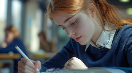 Wall Mural - student is writing an exam in a classroom setting.