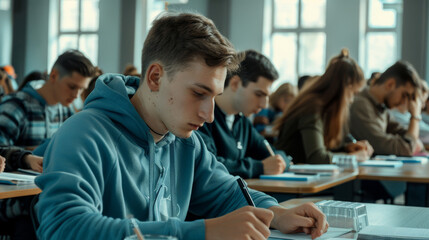 Wall Mural - A girl concentrates on writing during an exam in a classroom filled with students seated at desks.