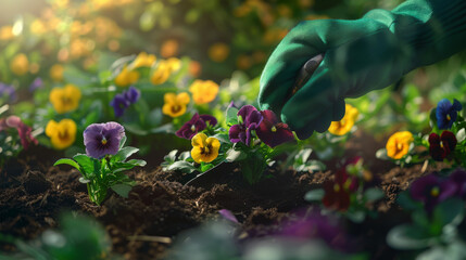 Canvas Print - A gloved hand is planting vibrant pansies in the garden soil.