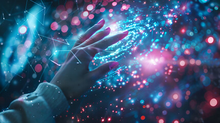 Woman hand touching The metaverse technology background ,Human finger touch with electric light on blue background.
