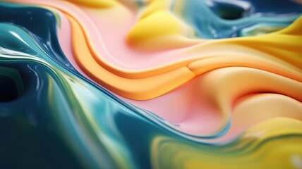 Wall Mural - The close up of a glossy liquid surface abstract in green, blush pink, buttercup yellow, and navy blue colors with a soft focus. 3D illustration of exuberant. generative AI